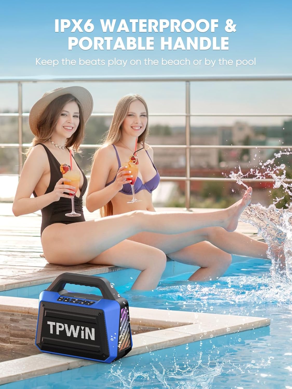Portable Bluetooth Speakers Loud - Wireless Speaker 80W Peak, Light Show, 20H Playtime, Strong Bass, BT 5.3, TWS, IPX6 Waterproof for Outdoor Travel Beach Camping - Blue