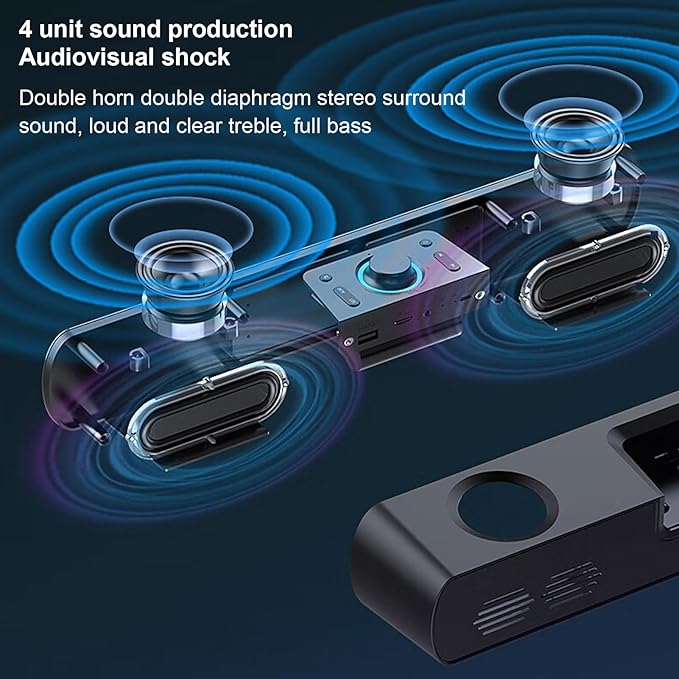 Yunseity Computer Speaker Cordless HiFi Stereo with Subwoofer USB AUX Clock Alarm Radio for Laptop PC Gaming Display Suitable for Family or Friends (Black)