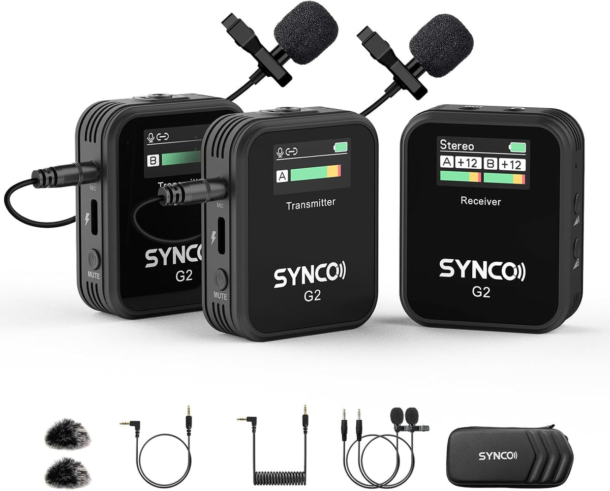 SYNCO Wireless Lavalier Microphone, G2(A2) 2.4G Dual Transmitter 48KHz 24Bit Lapel Mic 656FT 8H for Online Class Vlog Stream YouTube for Camera Smartphone Tablet