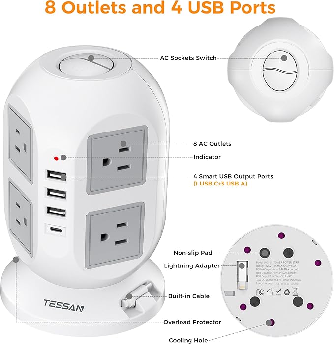 TESSAN Tower Surge Protector Power Strip 10 ft, Long Flat Extension Cord