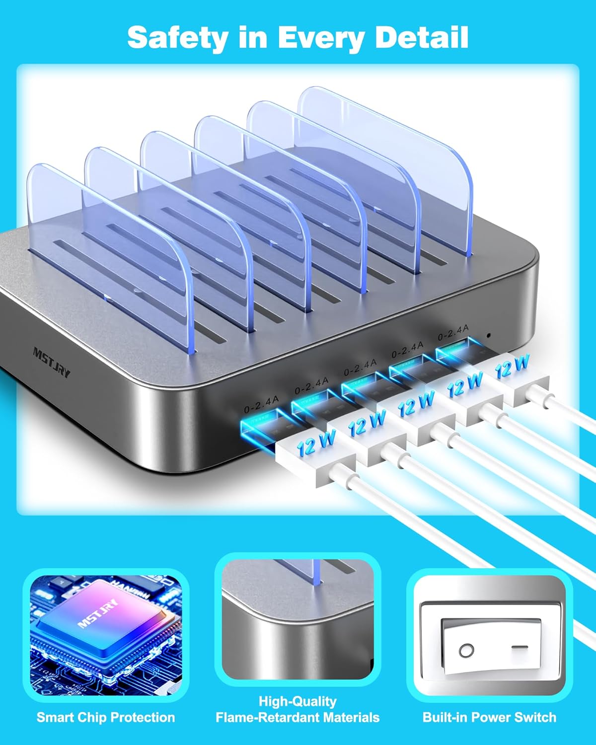 MSTJRY Charging Station for Multiple Devices : 5 Port Multi USB-A Charger Stations Multi-Device Organizer Charging Dock Designed for iPhone iPad Cell Phone Tablets (7 Short Cables Included), Silver