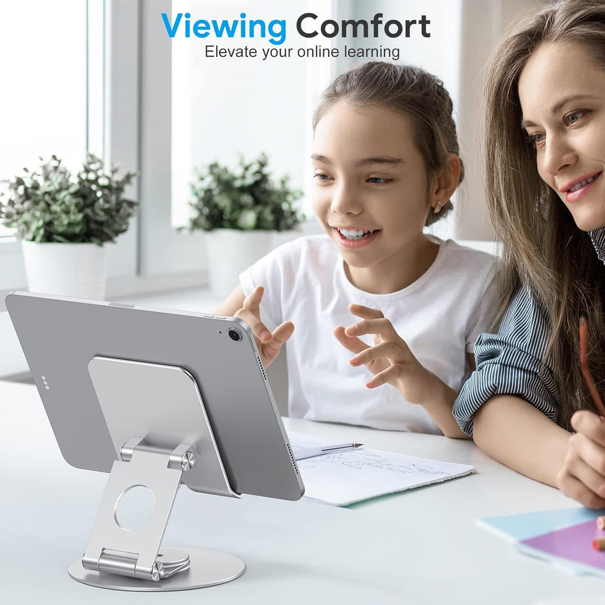 OMOTON Swivel Tablet Stand for iPad with 360 Rotating Base, Foldable Adjustable Holder for Drawing, Compatible with iPad Pro/Air/Mini and More, Silver