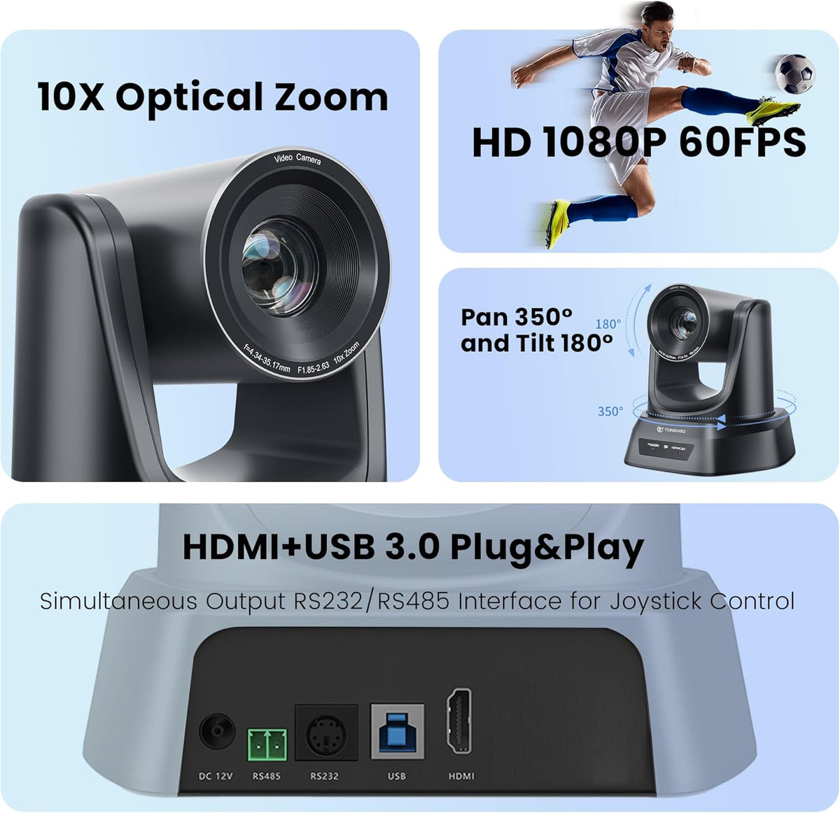 PTZ Camera HDMI/USB 10X Optical Zoom 60fps 1080P Video Conference Camera for Church Worship Live Streaming Meeting Online Learn with Zoom YouTube OBS and More