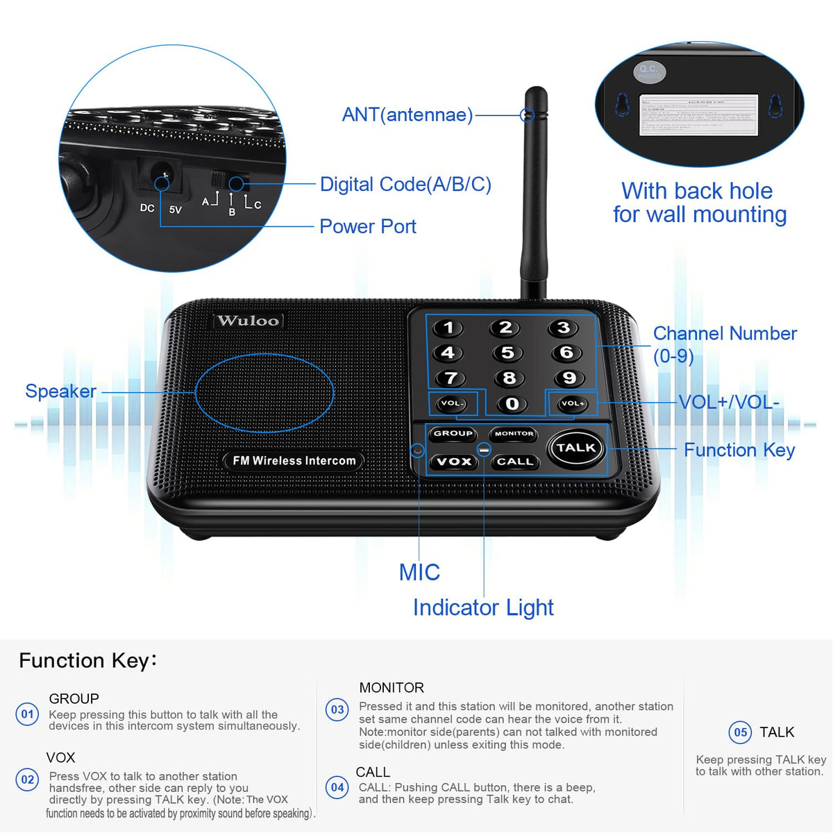 Wuloo Intercoms Wireless for Home 5280 Feet Range 10 Channel 3 Code, Wireless Intercom System for Home House Business Office, Room to Room Intercom