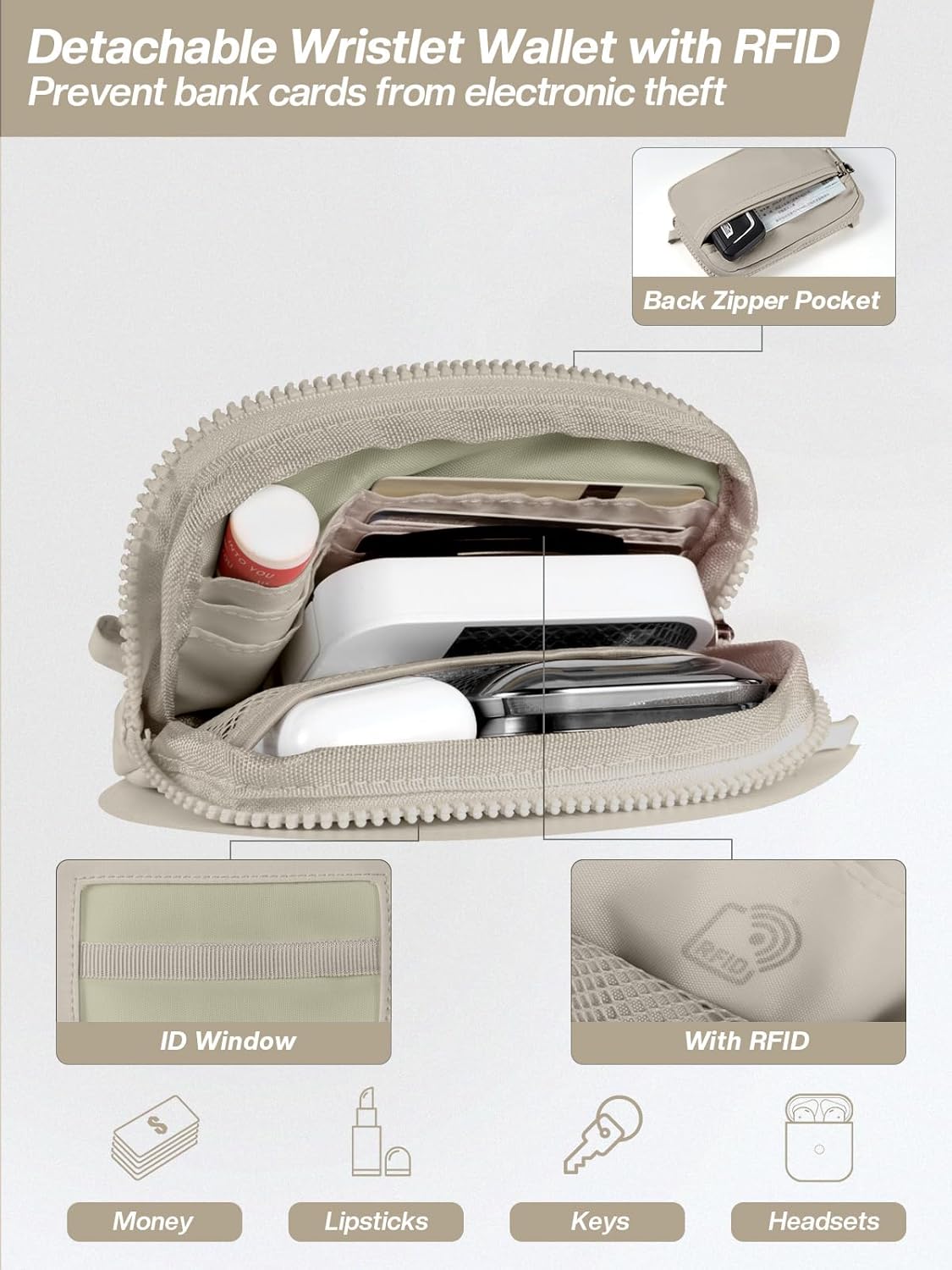 Clip and Go Strap for Phone with Wallet Crossbody Phone Lanyard Adjustable and Detachable RFID Wristlet Wallet with ID Window and Zipper, Khaki