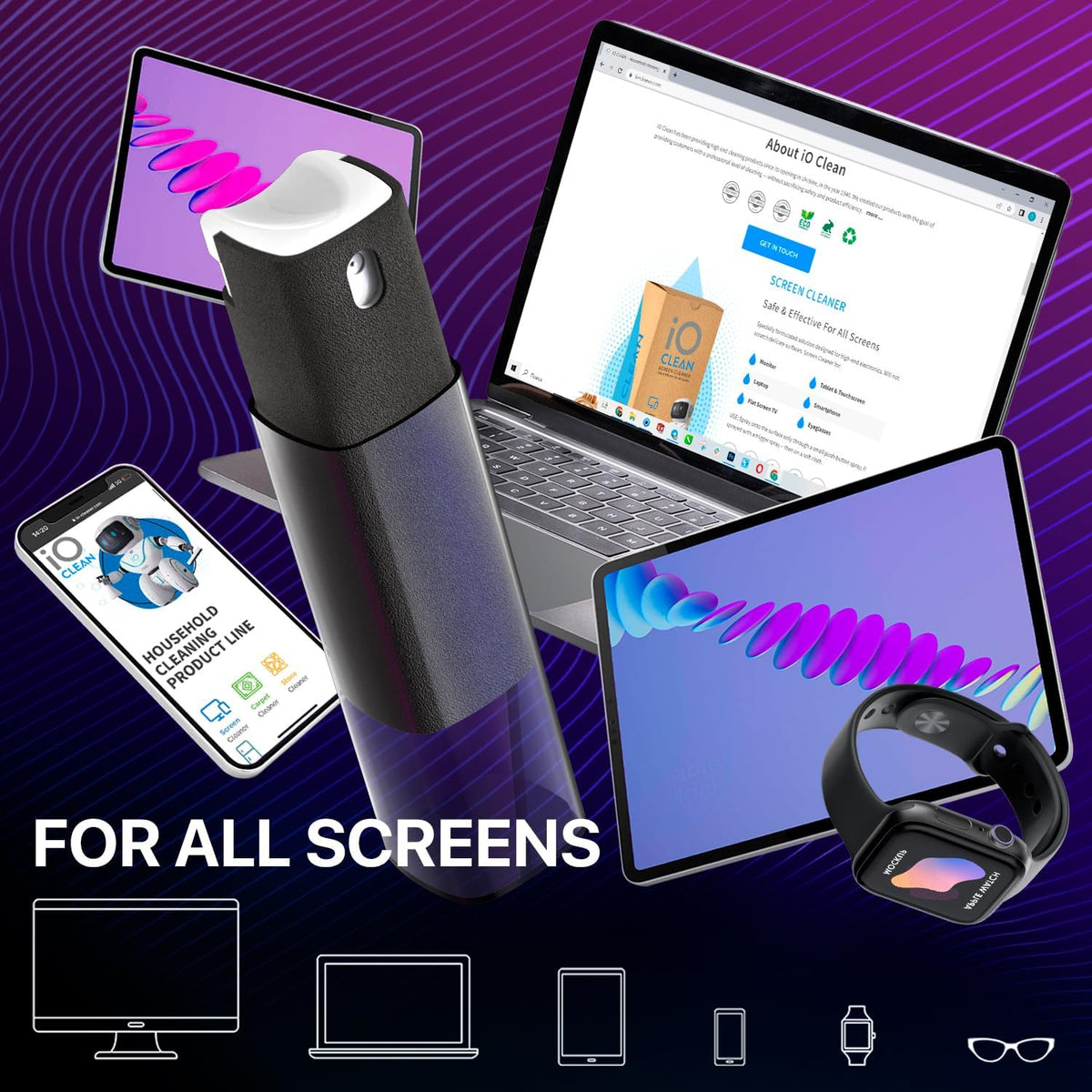Mini Screen Cleaner Spray – Finger Proof Screen Cleaner for Smartphones, iPads, MacBooks, Laptops, Car Screens, Touchscreens – 3in1 Mist Cleaner, Microfiber Cloth and Protective Cover -Purple