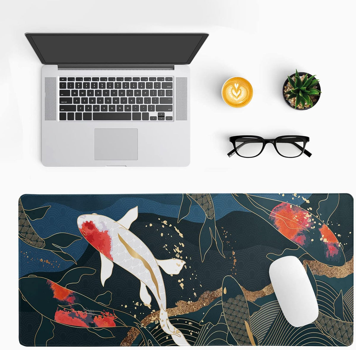 Fish Art Mouse Pad 31.5x11.8 Inch Japanese Gaming Full Desk Mousepad Extended Large Non-Slip Rubber Base Waterproof Big Keyboard Mat with Stitched Edges for Home Gaming and Office
