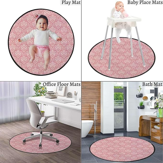 Light Pink Round Rug Nursery Rug for Bedroom Playroom Non Slip Educational Playmat Round Circle Carpet Romantic Rose Flower Bouquet Blooms Pastel Diameter 47.2 in