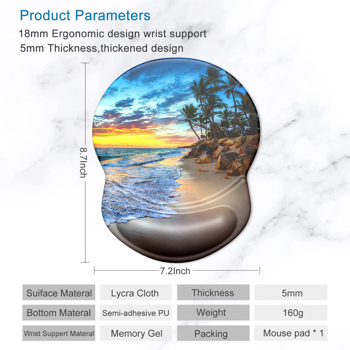 ITNRSIIET Ergonomic Mouse Pad with Gel Wrist Support Small Wrist Rest Smooth Surface Non-Slip PU Base Comfortable Office Supplies Pain Relief, 8.7 x 7.2 inches, Beach