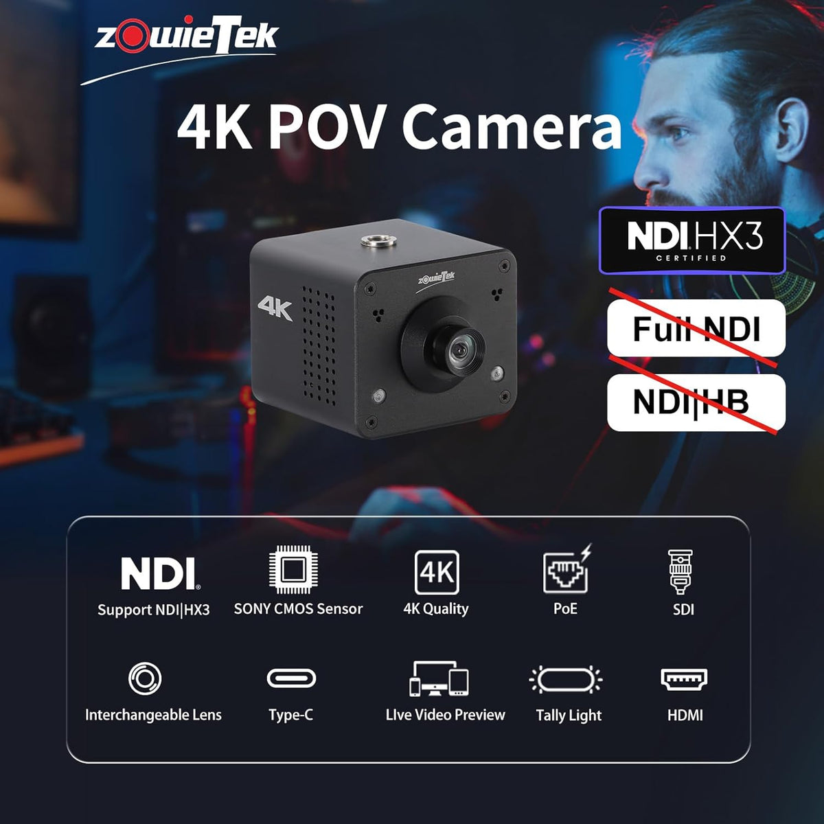 4K Native NDI HX3 POV Webcam Camera PoE, ZowieCAM, Simultaneously HDMI & SDI Output, RTSP/RTMP(s)/SRT, Standalone Live Streaming to YouTube/Twitch for Webcast, Meeting, Teaching & Gaming (M12)