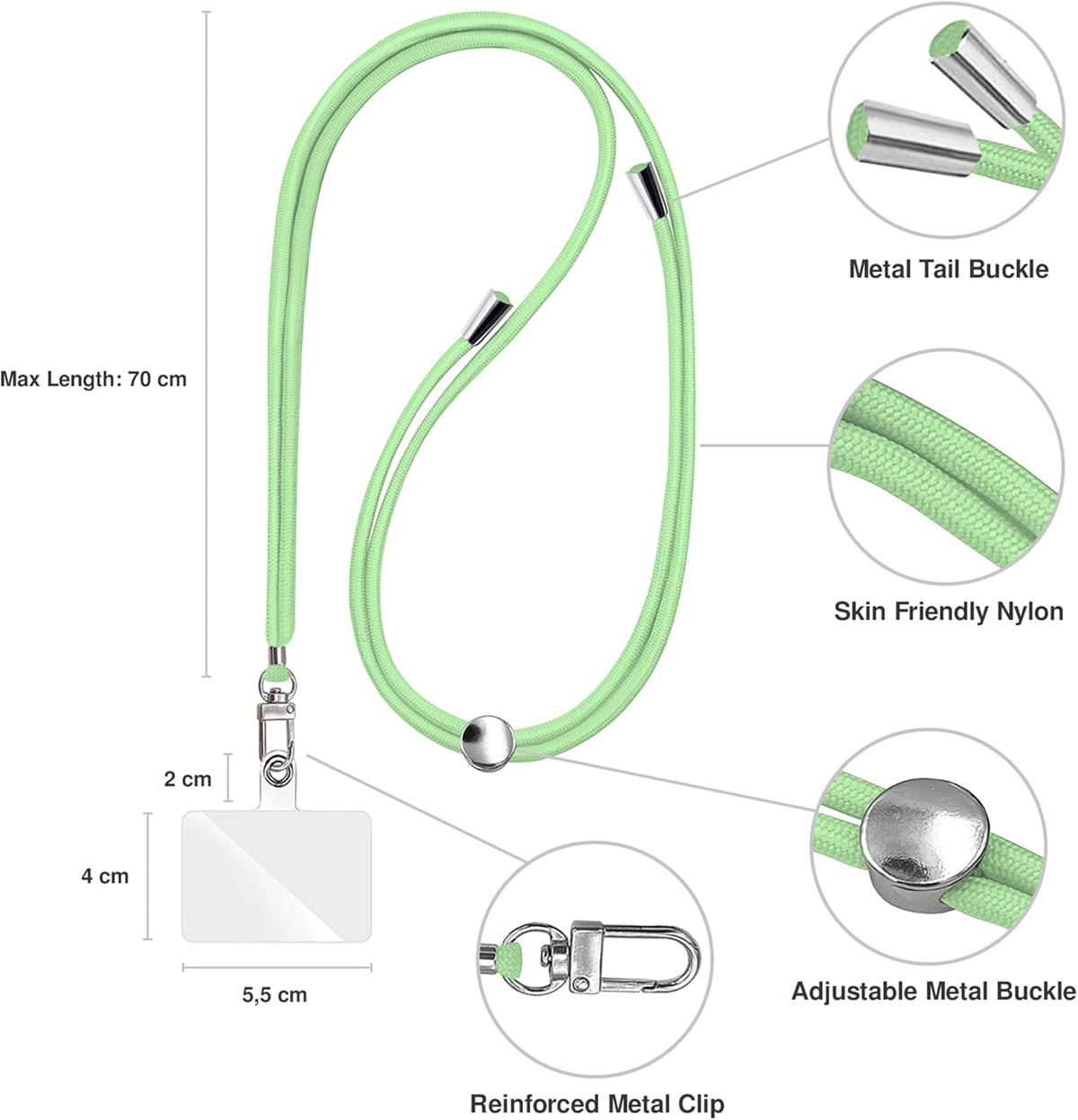 Cell Phone Lanyard [Light Green] - Comfortable Universal Smartphone Lanyard - Easy to Use Neck Phone Holder [Clear Patch] - Adjustable Length Phone Strap Crossbody - Fits All Mobile Phones