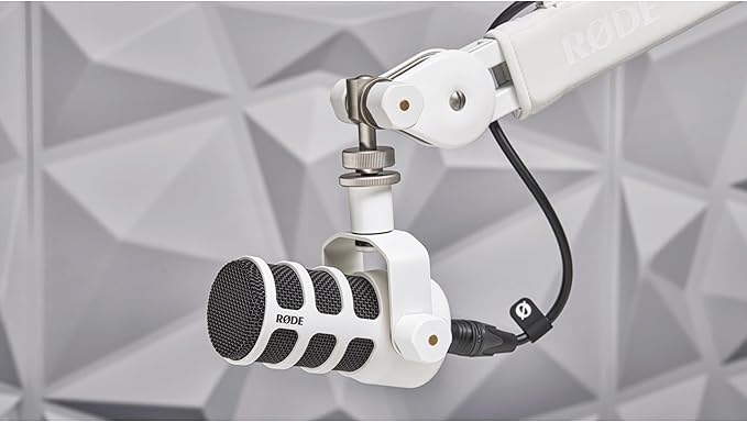 Rode PodMic White (Pair) Cardioid Dynamic Broadcast Microphones with 2X PSA1+ Broadcast Microphone Boom Arms and 2X XLR Cables