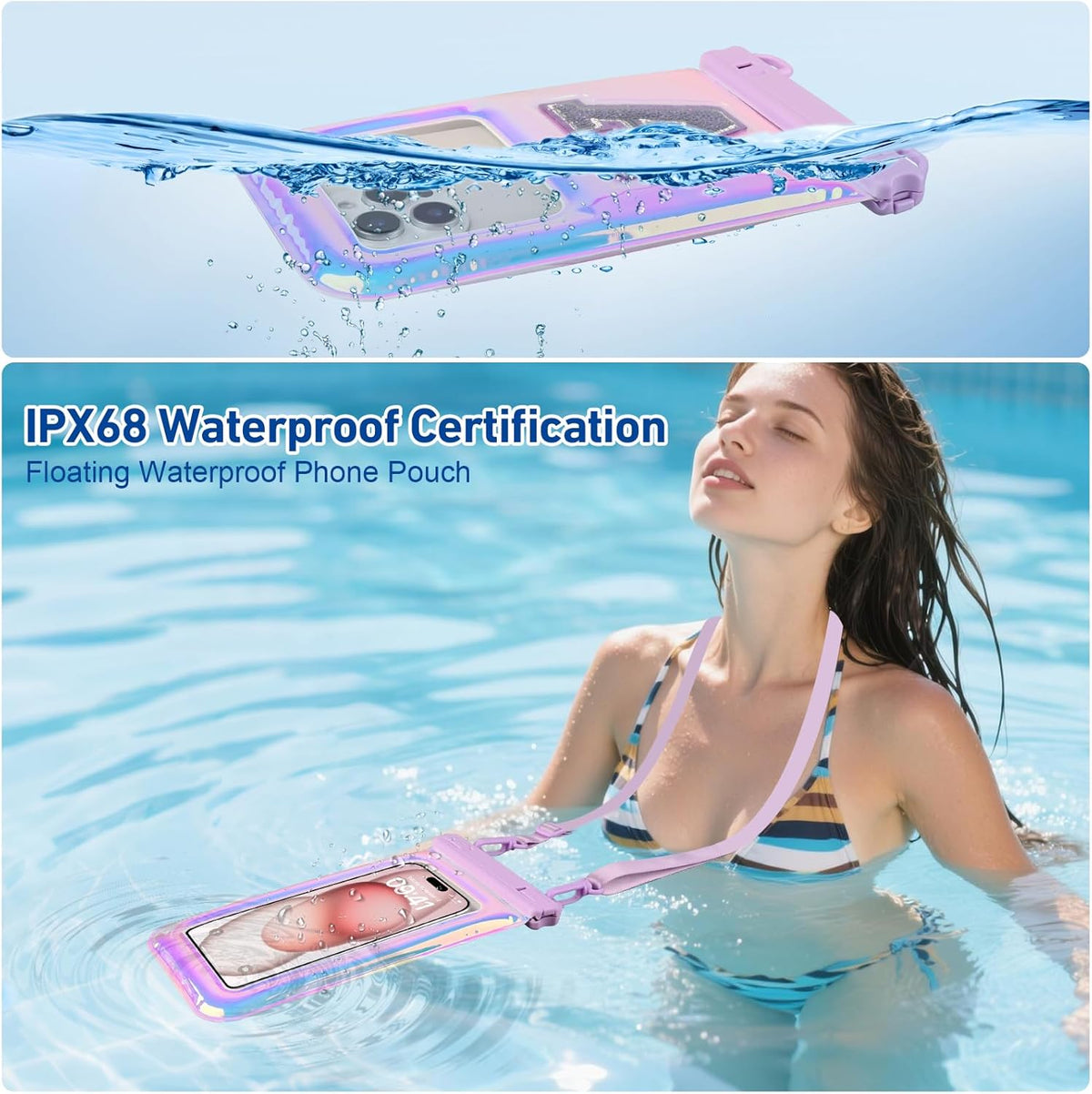 Waterproof Phone Pouch Floating, IPX68 Waterproof Phone Case with Lanyard for iPhone 16 15 14 13 12 Pro Max Samsung S25 S24 S23 S22, Up to 7 Inch, Beach Vacation Essentials, Sparkling Purple Letter