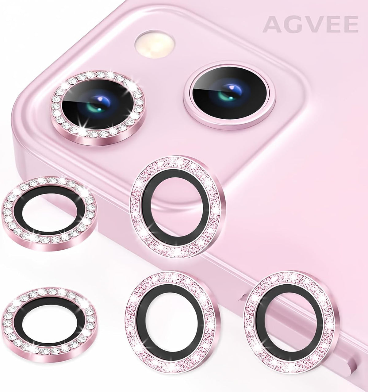 AGVEE 3+3 6 Pack for iPhone 13 6.1 inch / 13 Mini 5.4 inch Camera Lens Cover Protector, Bling Diamond & Bling Glitter Metal Ring 9H Tempered HD Glass Camera Cover Protector Film, Bling-Pink
