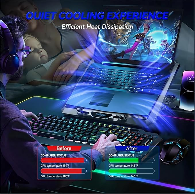 Laptop Cooling pad for Dell Inspiron 15 3573 Gaming laptops Laptop Cooler with 8 Fans Adjustable Speed 5-Level Height Adjustment Mute SilentBuilt-in Phone Stand