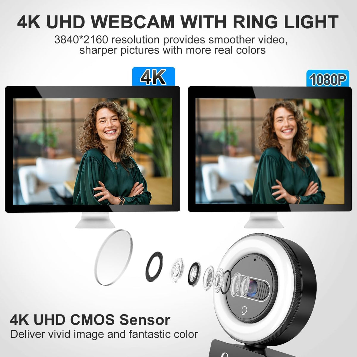 4K Webcam with Light, HD Webcam for PC with Remote Control, Built-in Privacy Cover, Adjustable Brightness, Noise Reduction Mics, for Zoom Skype Teams Laptop and Google Meet