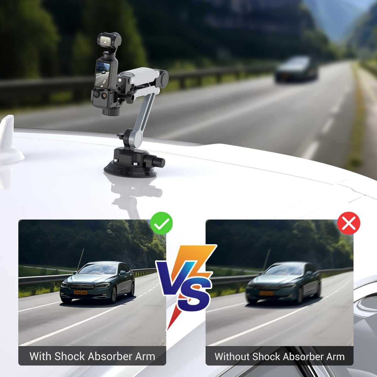 Geyo Camera Suction Cup Mount, Aluminum Alloy Multi-Function Shock Absorber Arm Stabilizer, 4" Vacuum Suction Cup, 1/4" Mounting Holes Car Mount for Insta 360 X4, for DJI Pocket 3, for GoPro, Silver