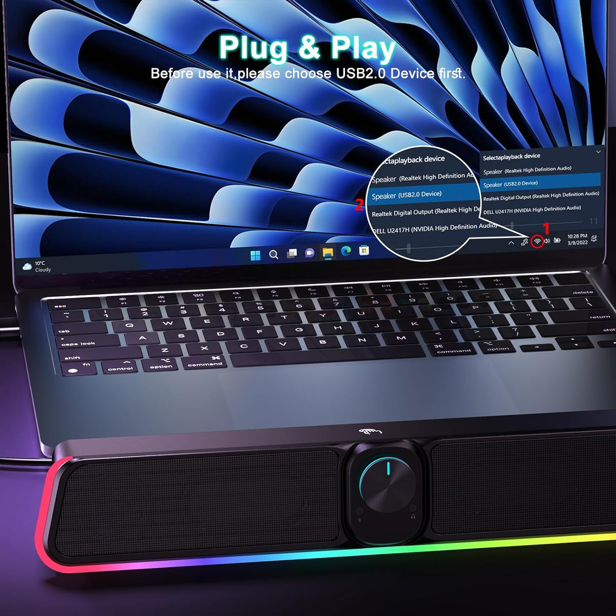Computer Speakers - Wired USB Powered Bluetooth Computer Sound Bar with RGB & Volume Knob, HiFi Stereo Portable Gaming Sound Bar Speaker for Desktop Monitor, PC, Laptop, Tablets, Mac Air/Pro
