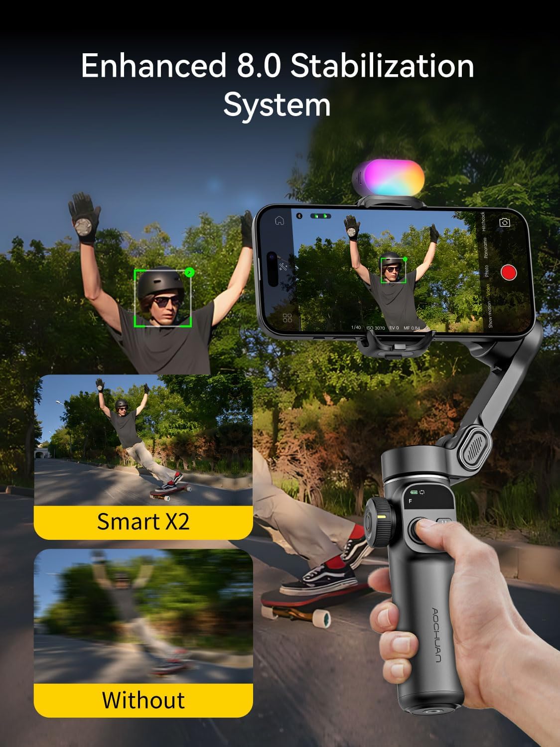 Gimbal Stabilizer for iPhone, Phone Gimbal w/RGB Magnetic Fill Light, Foldable Gimbal Built in 7.8' Extension Rod and OLED Display for iPhone/Android Excellent for Vlogging-Smart X2 Kit Black