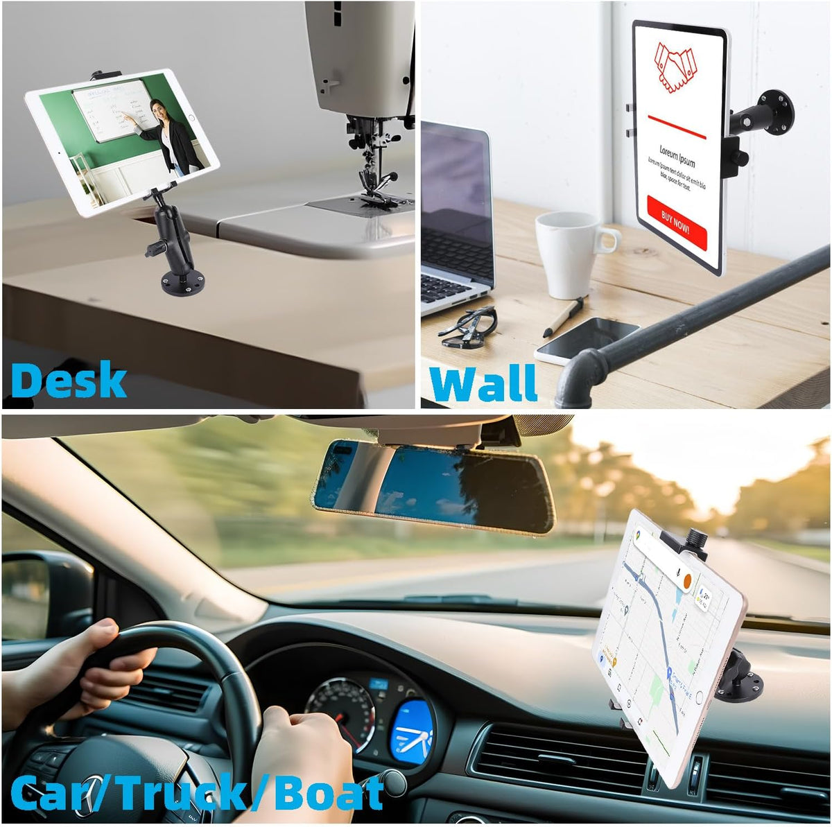 All-Aluminum Car Tablet Holder with Heavy Duty Drill Base, Compatible with iPad Pro Mini 4.7"-15" Samsung Galaxy Tab Tablets, Car Tablet Mount for Truck,Business ,Boat,Dashboard,Desk,Wall Mounting