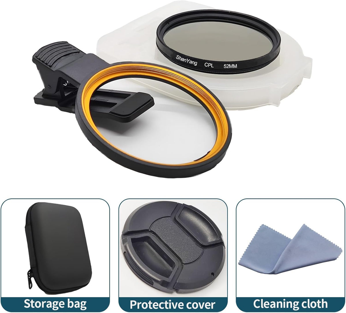 52mm Clip-on CPL Phone Camera Lens Filter, Polarized Camera Lens CPL Filter for iPhone 16 15 Pro Max Plus 14 13 Pro Max Mini 12 11 X XS Max Galaxy