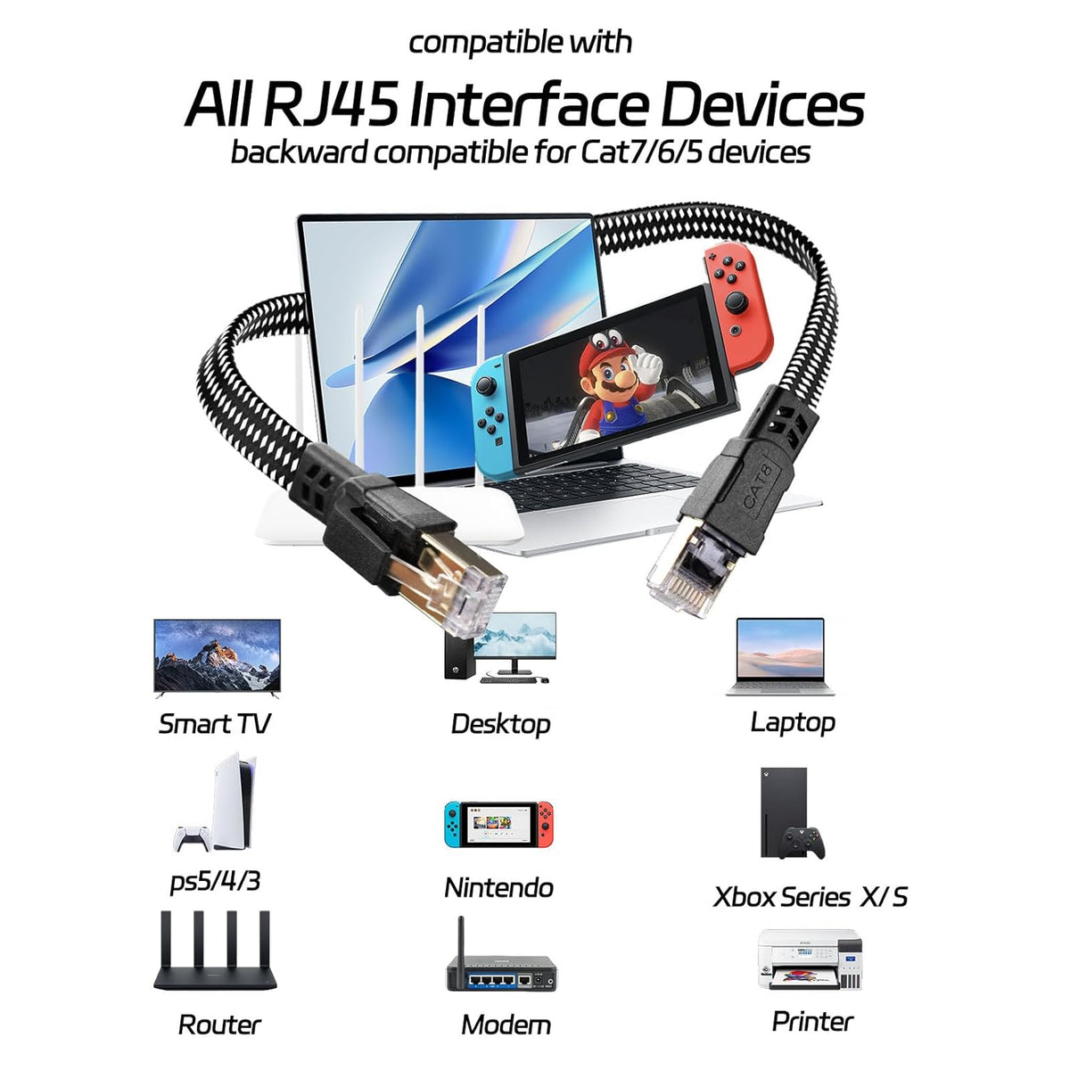 8 50 RJ45 40Gbps 2000Mhz Cat Ethernet Cable FT, High-Speed Braided Internet Cable Network Cord with Connector Heavy