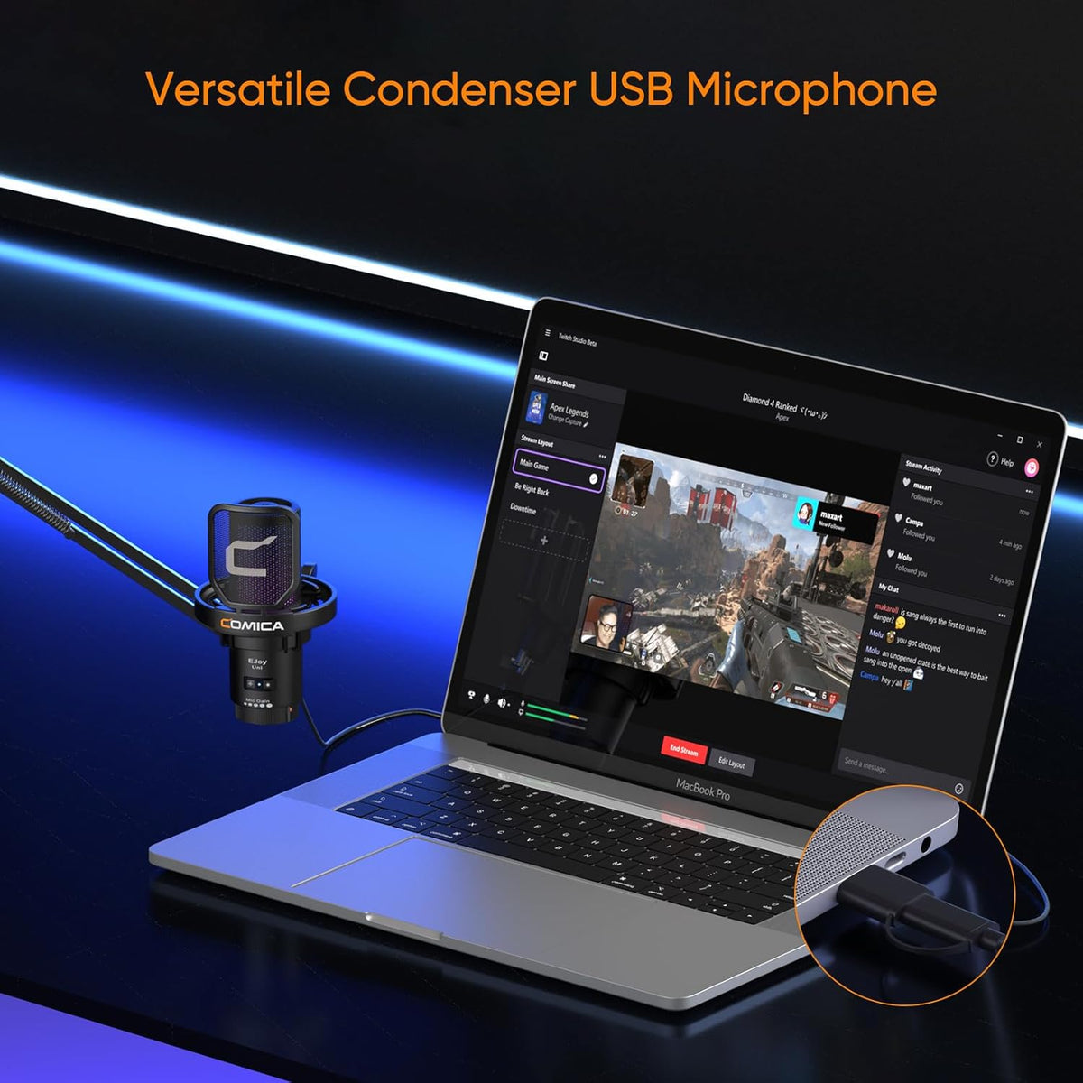 COMICA EJoy Uni USB Condenser Gaming for PC, PS4, PS5, USB C Phone, and Mac, Boom Arm RGB Computer Mic for Twitch, Streaming/Podcasting/YouTube, Noise Cancellation Mic with Mute, Gain, Monitoring