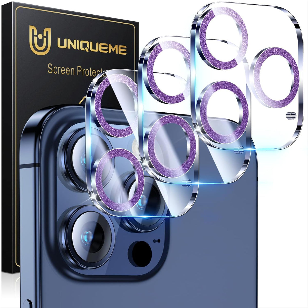 UniqueMe for 3 Pack iPhone 15 Pro/iPhone 15 Pro Max Camera Lens Protector, [Drop Protection] [Case Friendly] 9H Tempered Glass Camera Cover Screen [Update New Version] - Dark Purple