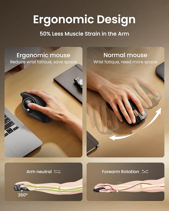 ProtoArc Wireless Bluetooth Trackball Mouse EM02 Two Adjustable Angle Ergonomic Rechargeable Computer Ball Mouse 3 Device Connection Thumb Control and Smooth Tracking for Laptop PC Mac-Gray
