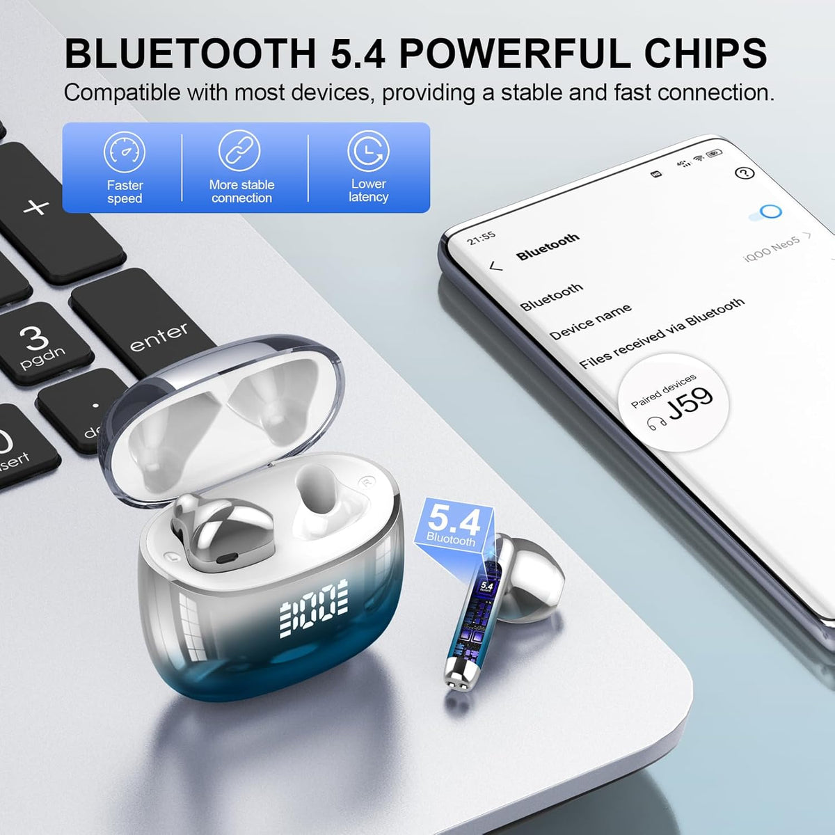Wireless Earbuds, Bluetooth Headphones 48H Playtime Ear Buds with LED Power Display, IPX7 Waterproof Bluetooth 5.4 Earphones in-Ear Earbuds with 4 Mic for Android iOS Cell Phone Laptop, Blue