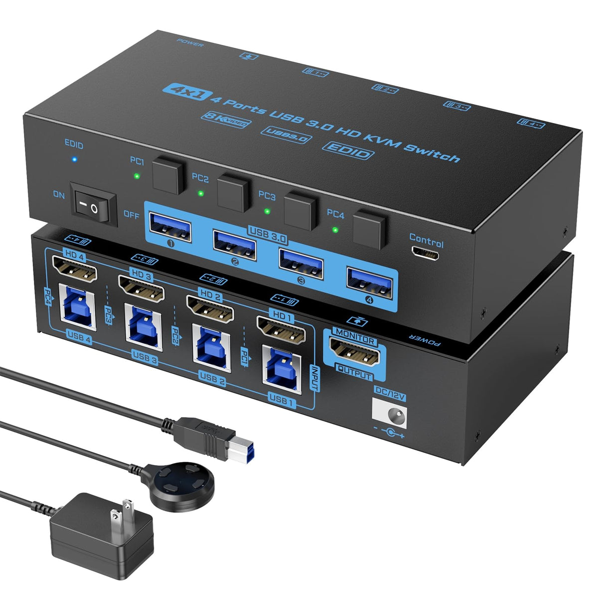 8K HDMI KVM Switch 4 Computers Sharing 1 Monitor, ANXQQ EDID Function KVM Switch HDMI 4 Port 8K@60Hz 4K144Hz for 4 USB Devices, Keyboard Mouse Switch