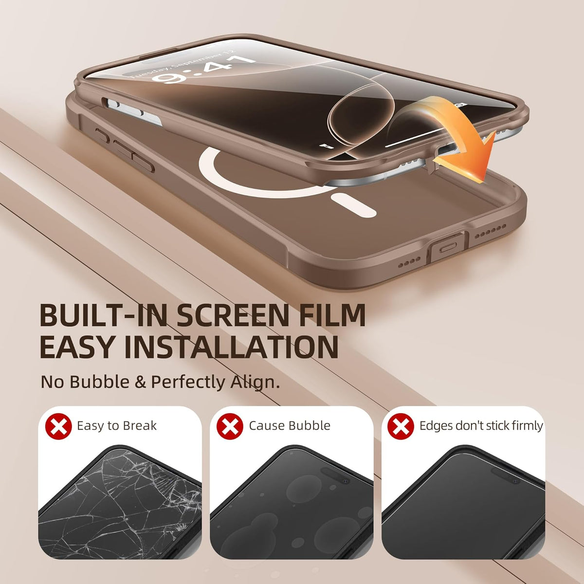 BERFY Magnetic for iPhone 16 Pro Max Case, Compatible with MagSafe, [Built-in 9H Tempered Glass Screen Protector & Camera Protection] Full Body Matte Phone case for 16 Pro Max, Withered Brown