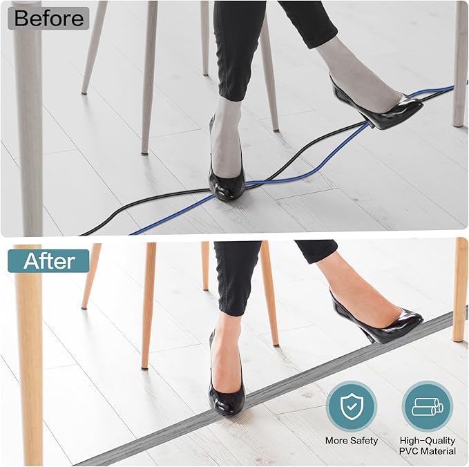 Floor Cord Cover Self Adhesive Cord Hider Floor Extension Cord Covers for Floor Power Cord Protector Cable Management Prevent Cable Trips Cable Cavity 0.51" W x 0.31" H (Light Grey Wood, 10Ft)