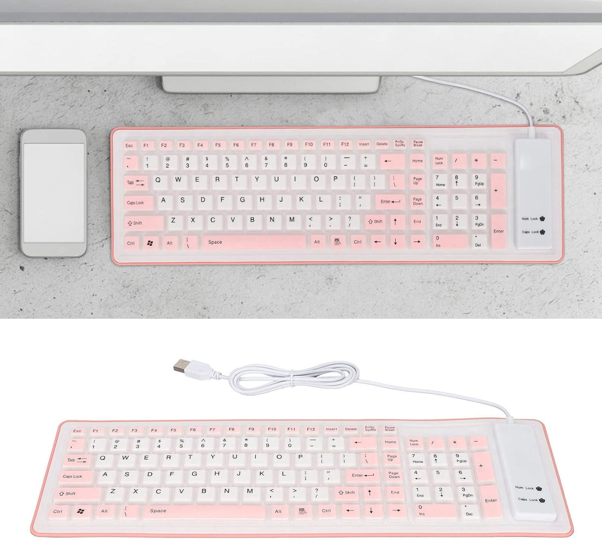 103 Keys Foldable Silicone Keyboard, Wired USB Silent Waterproof Rollup Keyboard for PC Laptops