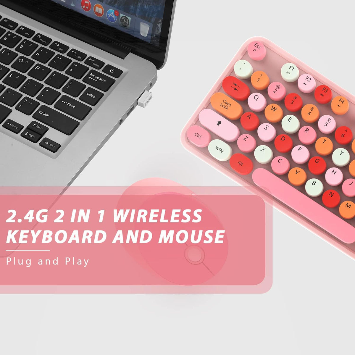 Cute Pink Wireless Keyboard and Mouse, 2.4G Retro Round Keycap for PC, Mac, Laptop, Tablet, Computer Windows