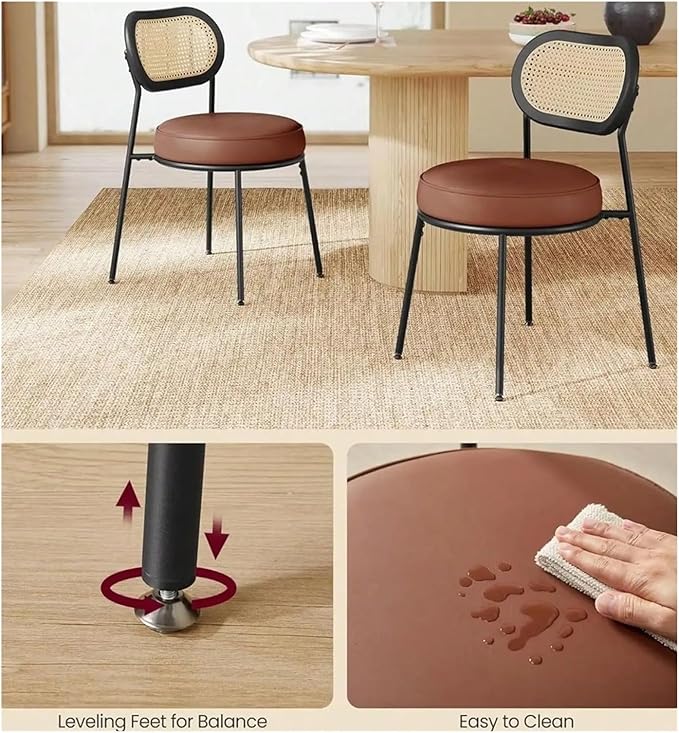 Adjustable Office Computer Chair with Armrest 1pcs Leather Upholstered Accent Dining Chairs with Woven Rattan Backrest(Coffee Brown)