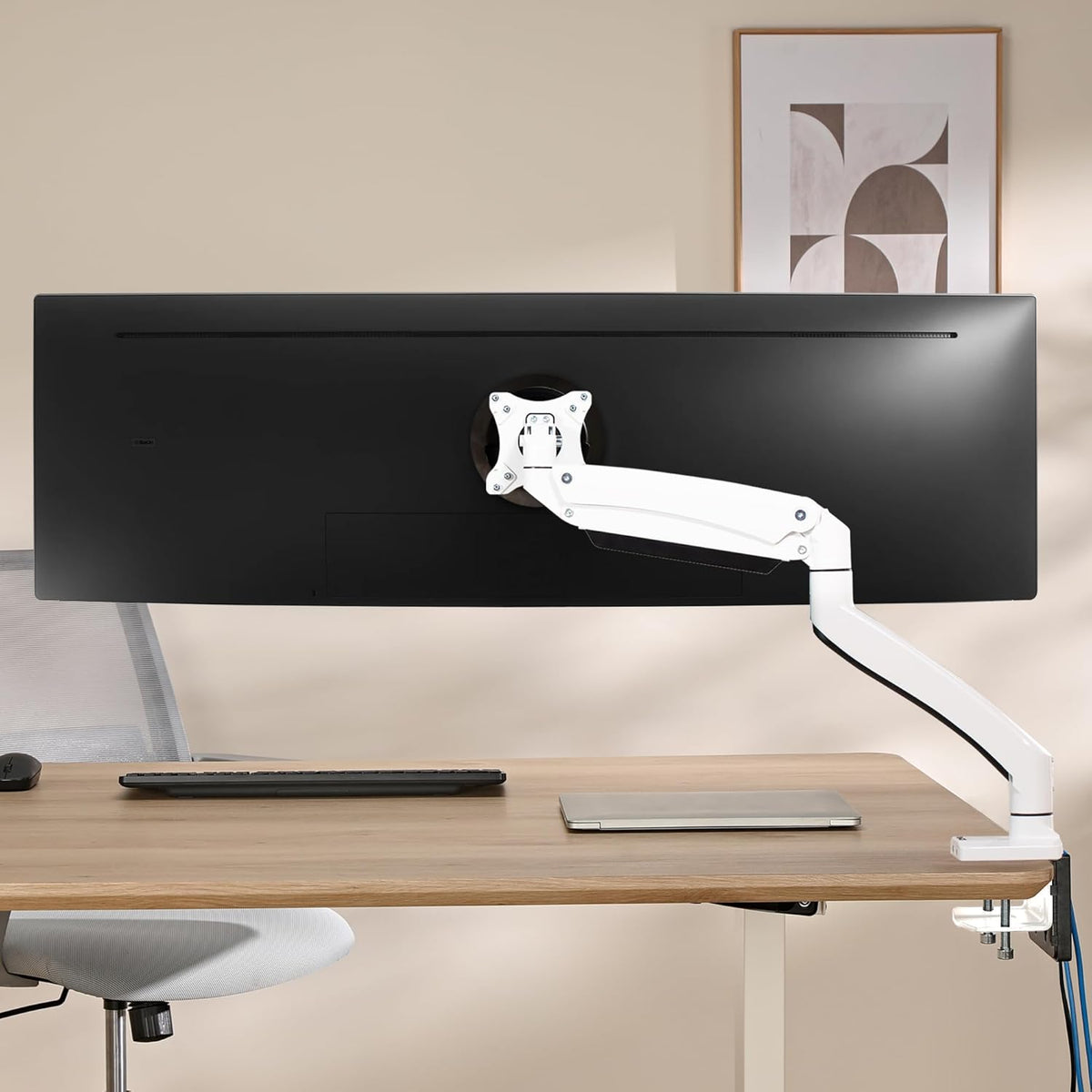 AVLT Single 17"-49" Super Ultrawide Monitor Arm for Screens Up to 50 lbs, Premium Aluminum Desk Stand, Adjustable Pneumatic Height, Full Motion Swivel Tilt Rotation, USB 3.0 & AUX Ports, White