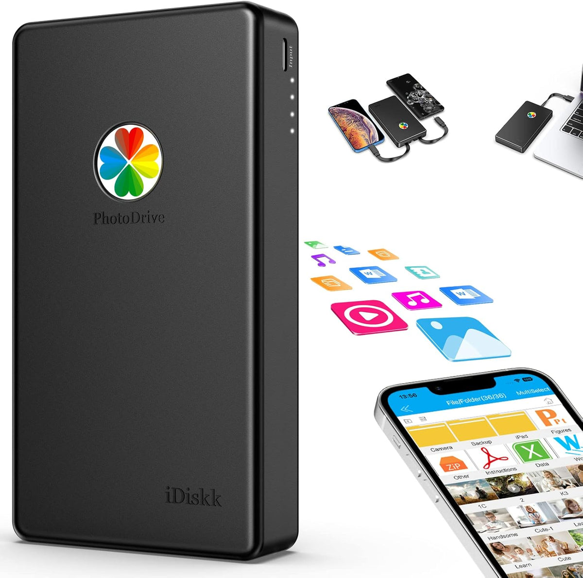 iDiskk App-le Certified, 2TB External Hard Drive,for iPhone iPad Android Phones,MacBook,Computer to Backup Docs| Photos | Videos,iPhone 15 & 16 Photo Stick Photo Storage Phone Drive