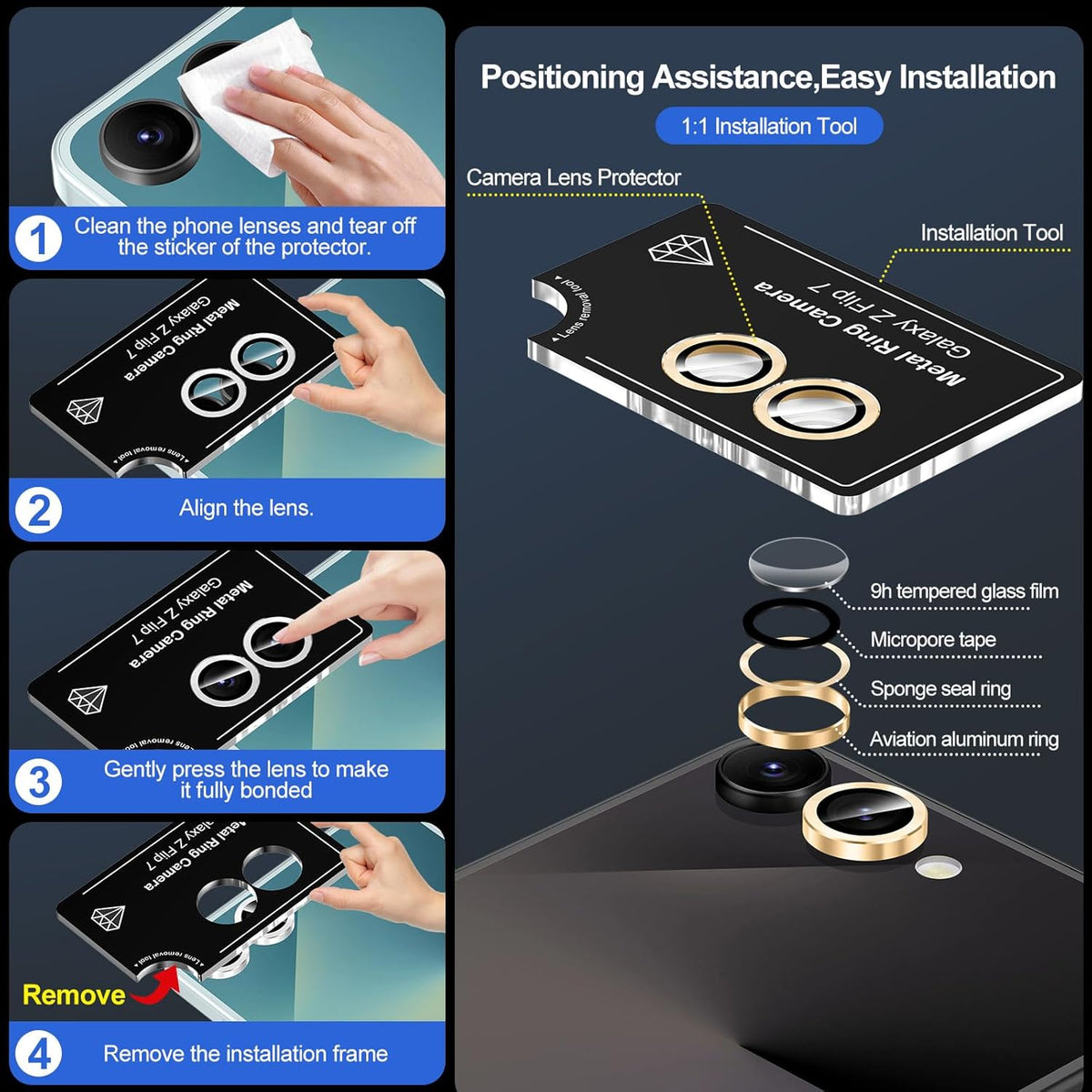 for Samsung Galaxy Z Flip 7 Camera Lens Protector, Individual Metal Ring Tempered Glass Lens Cover, [Strong Adsorption] Scratch Resistant Ultra-Thin HD Clear Lens Cover, 1 Set-Gold