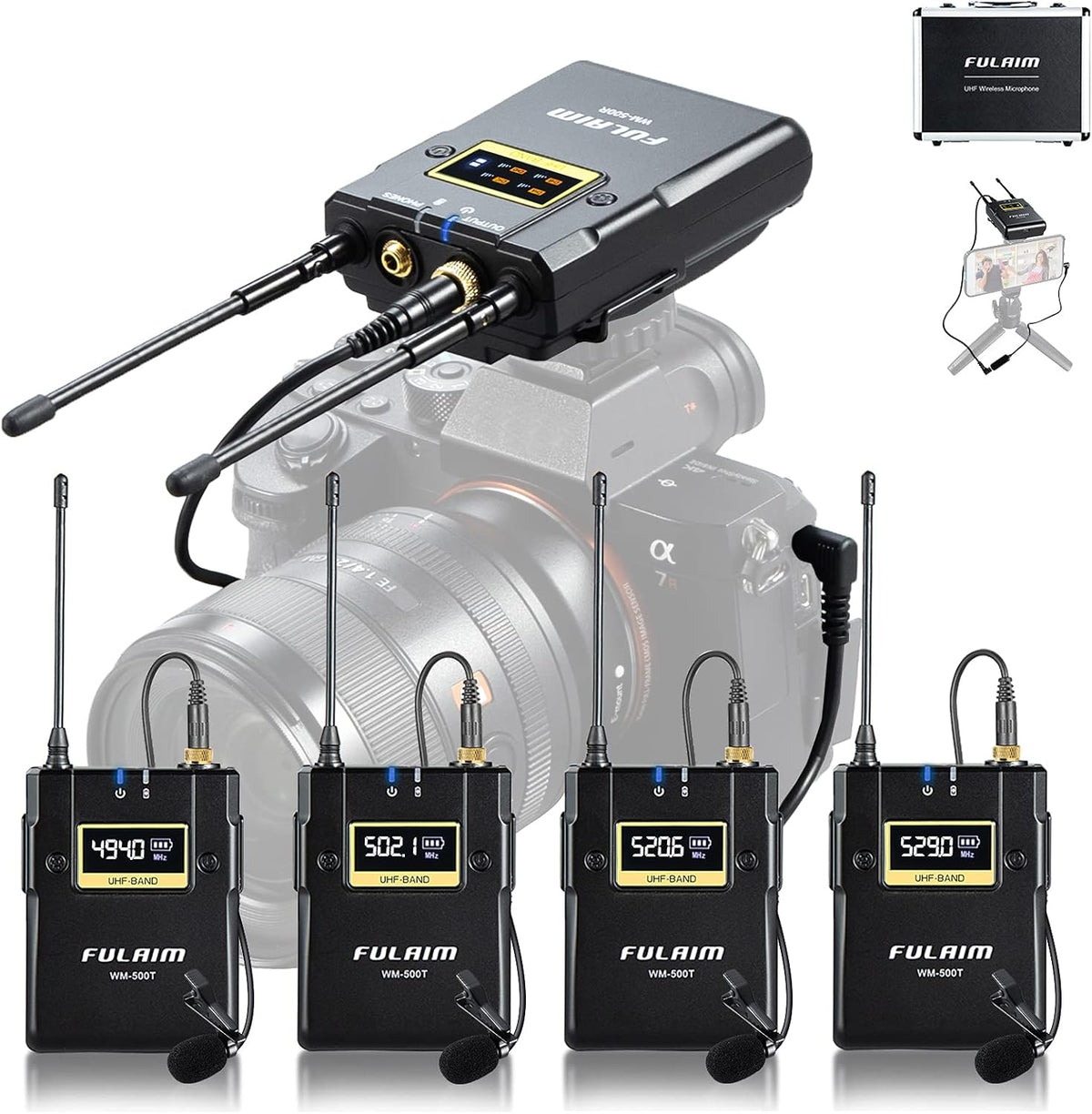 FULAIM WM500 UHF Wireless Lavalier Microphone System, 16-Channel Lavalier Lapel Mic with Rechargeable Transmitter and Receiver for Recording YouTube, Interview, Vlogging, Conference - 4 X Transmitters
