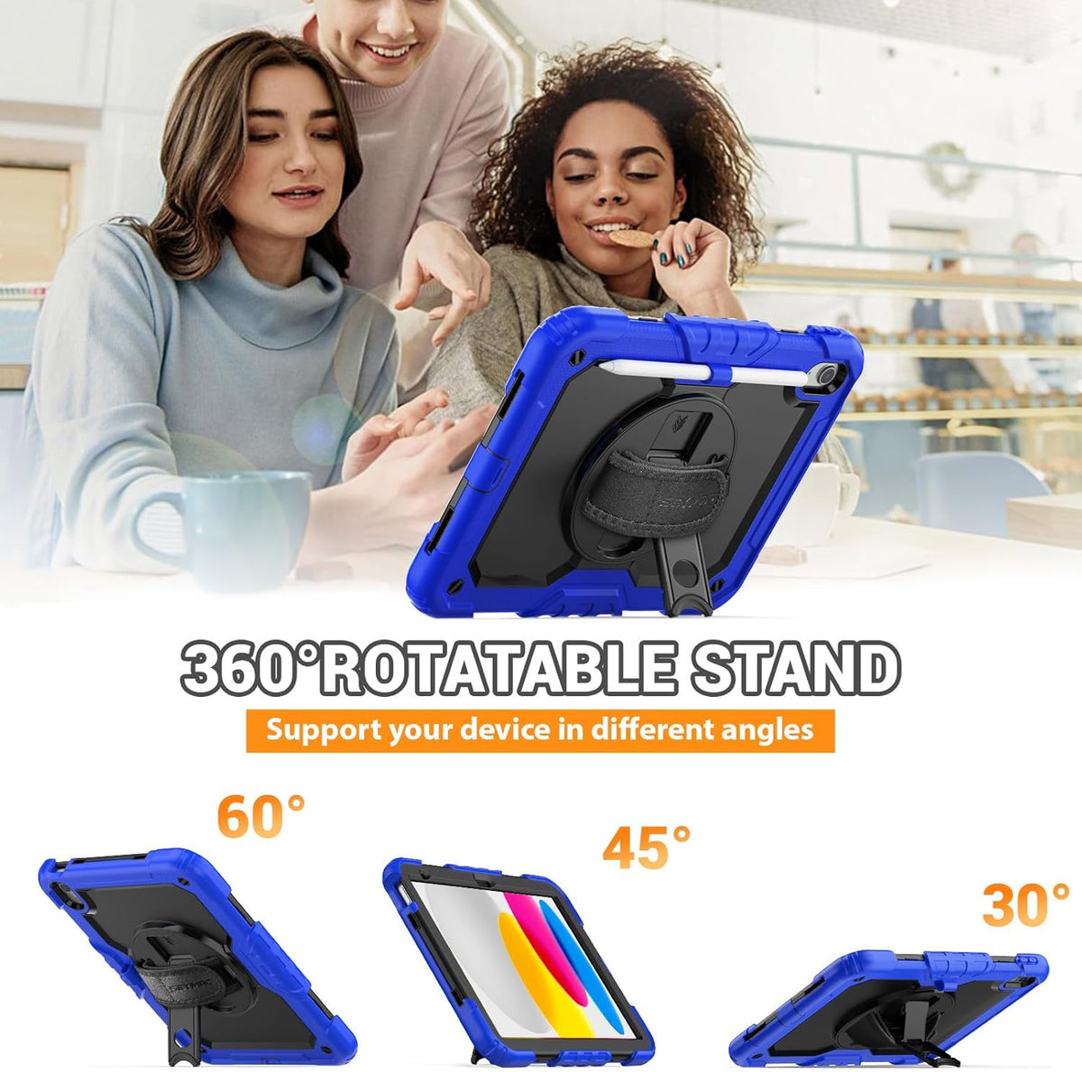 SEYMAC for iPad (A16) 11th/10th Generation Case 2025/2022 (11″/10.9″), Sturdy Heavy Duty Full-Body Shockproof Protective Case with Screen Protector, Rotating Stand, Hand/Shoulder Strap, Black/Blue