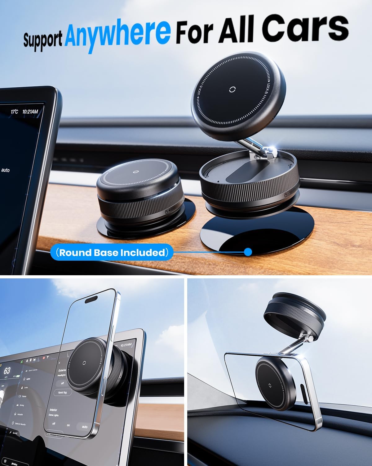 2 PCS Upgraded 360° Vacuum Magnetic Car Phone Holder for Magsafe [96+LBS Strongest Suction & 2800gf Strongest Magnetic], Adjustable Car Phone Mount for Your Car/Gym/Mirror/Shower for iPhone & Android