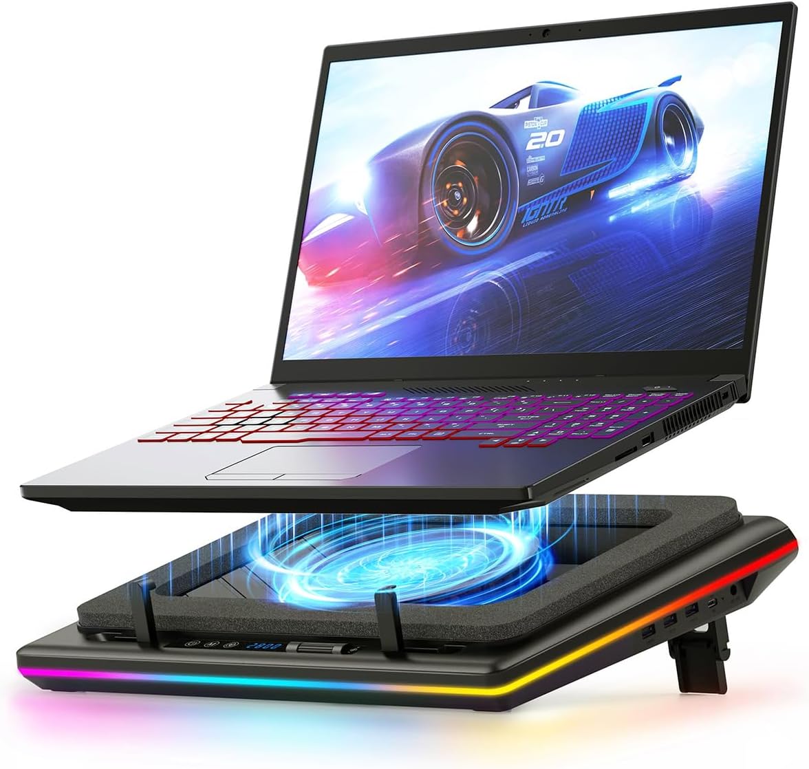 llano V12 RGB Laptop Cooling Pad, Gaming Laptop Cooler with 5.5 Inch Powerful Turbofan, Fast Cooling Laptop 15.6-21in, Adjustable Speed, Touch Control, LCD Screen, Black