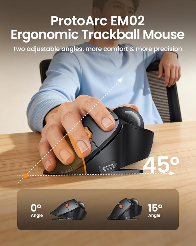 ProtoArc Wireless Bluetooth Trackball Mouse EM02 Two Adjustable Angle Ergonomic Rechargeable Computer Ball Mouse 3 Device Connection Thumb Control and Smooth Tracking for Laptop PC Mac-Gray