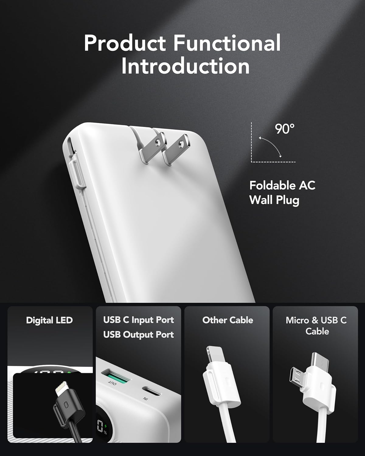 VRURC Power Bank 20000mAh, Fast Charging Portable Charger USB C,4 Output 2 Input Travel Essentials Charging Bank Equipped with LED Display,Built-in Wall Plug and Cables,Phone Charger Battery,White