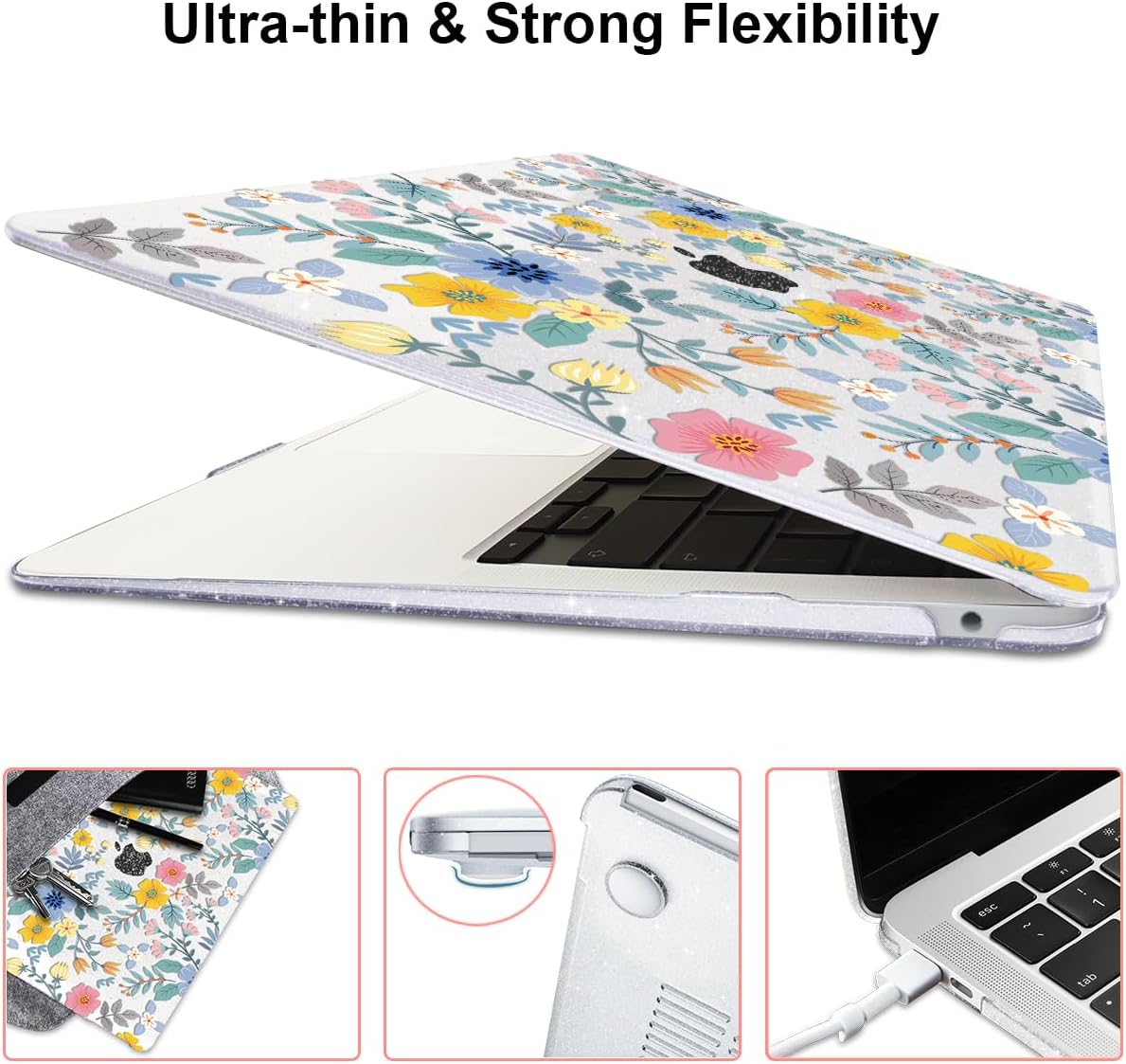 for MacBook Pro 13-inch Case 2022 2021 2020-2016 Release M2 M1 Chip A2338 A2251 A2289 A2159 A1989 A1706, Shiny Clear Pattern Plastic Hard Shell Case Keyboard Cover Screen Film, Flowers L213