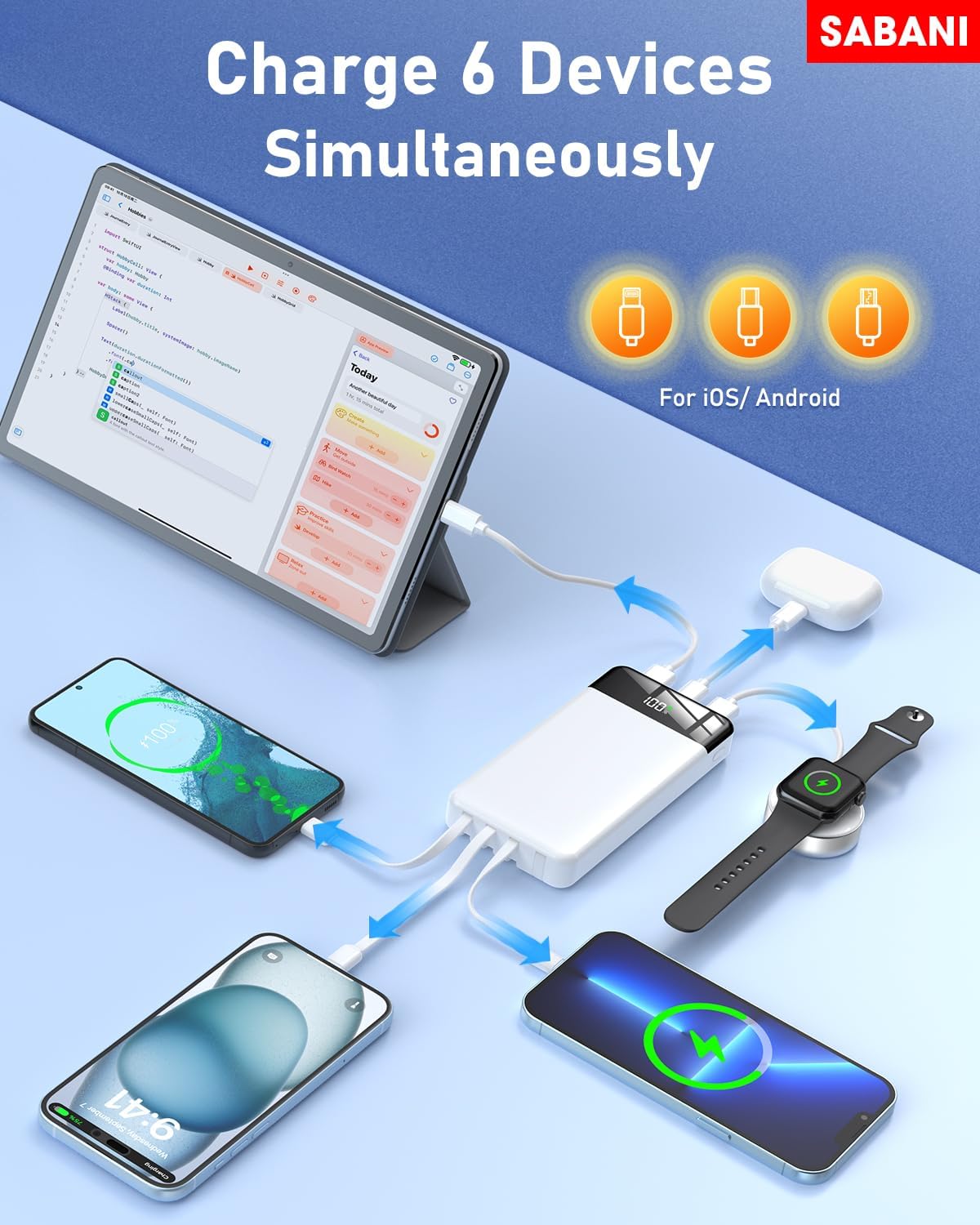 SABANI Portable Charger 35000mAh Power Bank - Portable Battery with 4 Built in Cables, 22.5W Fast Charging Battery Pack Compatible with iPhone 16 15 14 13 Samsung Android Phone etc (1 Pack, White)