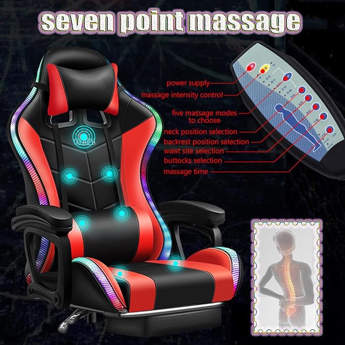 Gaming Chair with LED RGB Lights with Massage and Footrest Ergonomic Computer Chair High Back Video Game Chair with Adjustable Lumbar Support Linkage ArmrestRed