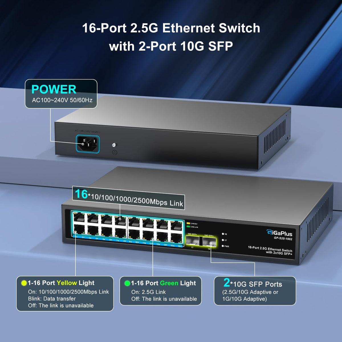 18 Port 2.5Gb Unmanaged Ethernet Switch with 16* 2.5G Base-T Ports, 2* 10G SFP+ Ports. GiGaPlus 2.5Gbps Network Switch for 2.5Gbps NAS/PC, Wireless AP, WiFi6 Router. Plug and Play, Fanless Design.