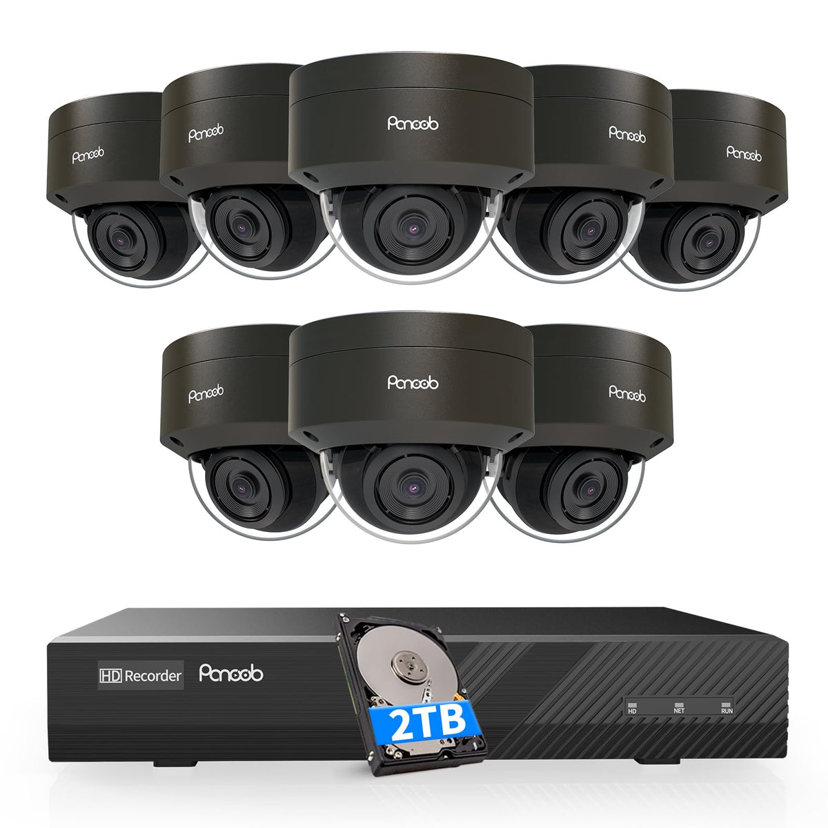 PANOOB Security Camera System PoE, 8PCS 5MP Wired IP IK10 Vandal-Proof PoE Dome Camera, AI Human Detection, Remote Access, 100ft IR Night Vision